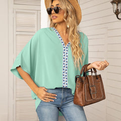 Women's Relaxed V-Neck Oversized Tunic Top - Boho Geometric Trim - Silver