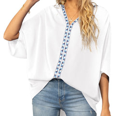 Women's Relaxed V-Neck Oversized Tunic Top - Boho Geometric Trim - White
