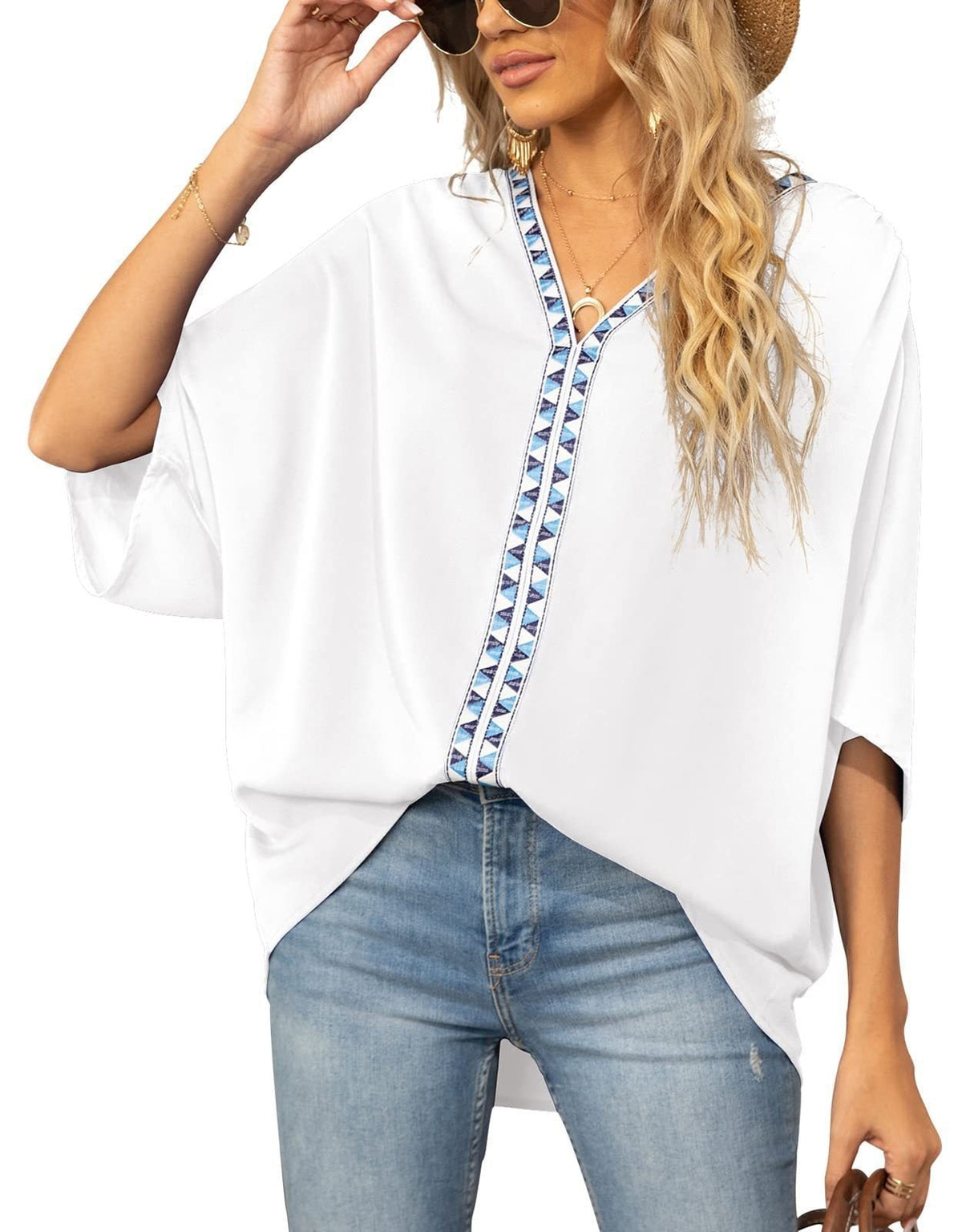 Women's Relaxed V-Neck Oversized Tunic Top - Boho Geometric Trim - White