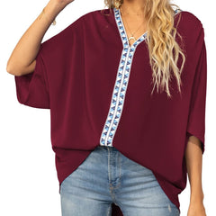 Women's Relaxed V-Neck Oversized Tunic Top - Boho Geometric Trim - Yellow