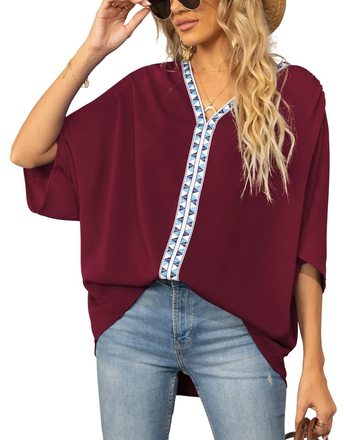 Women's Relaxed V-Neck Oversized Tunic Top - Boho Geometric Trim - Yellow