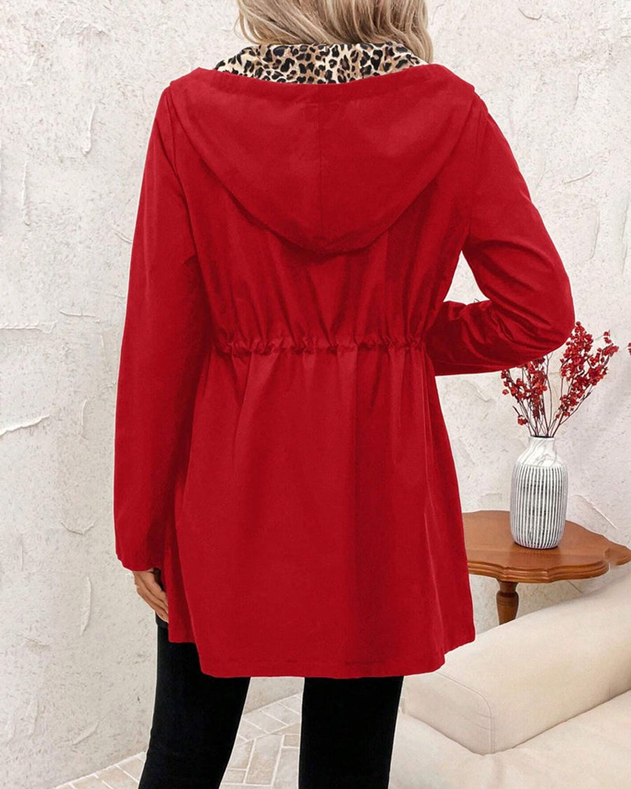 Women's Reversible Leopard Print Hooded Zip-Up Jacket - Red & Animal P