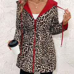 Women's Reversible Leopard Print Hooded Zip-Up Jacket - Red & Animal P