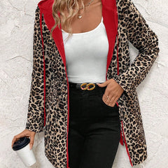 Women's Reversible Leopard Print Hooded Zip-Up Jacket - Red & Animal P