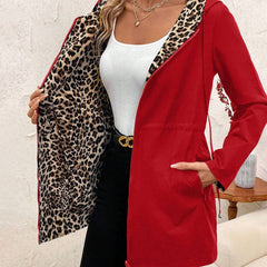 Women's Reversible Leopard Print Hooded Zip-Up Jacket - Red & Animal P