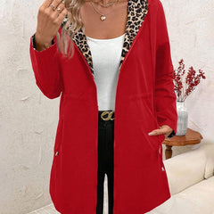 Women's Reversible Leopard Print Hooded Zip-Up Jacket - Red & Animal P