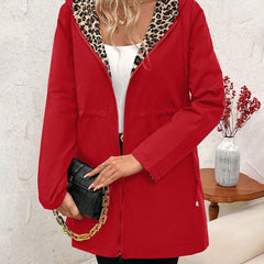 Women's Reversible Leopard Print Hooded Zip-Up Jacket - Red & Animal P