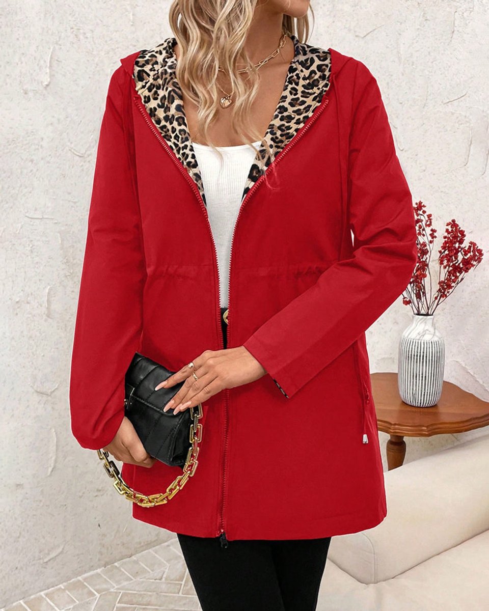 Women's Reversible Leopard Print Hooded Zip-Up Jacket - Red & Animal P