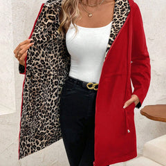 Women's Reversible Leopard Print Hooded Zip-Up Jacket - Red & Animal P - Red