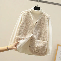 Women's Reversible Sherpa Fleece Button-Front Puffer Vest | Autumn - Beige