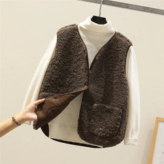 Women's Reversible Sherpa Fleece Button-Front Puffer Vest | Autumn - Brown