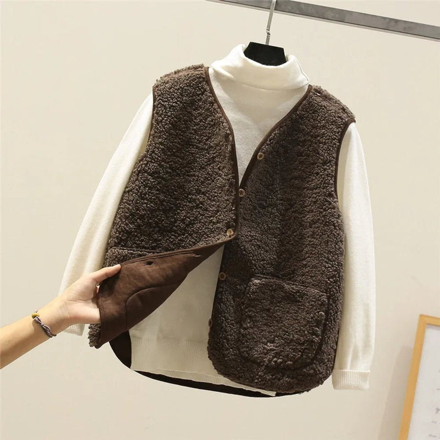 Women's Reversible Sherpa Fleece Button-Front Puffer Vest | Autumn - Brown
