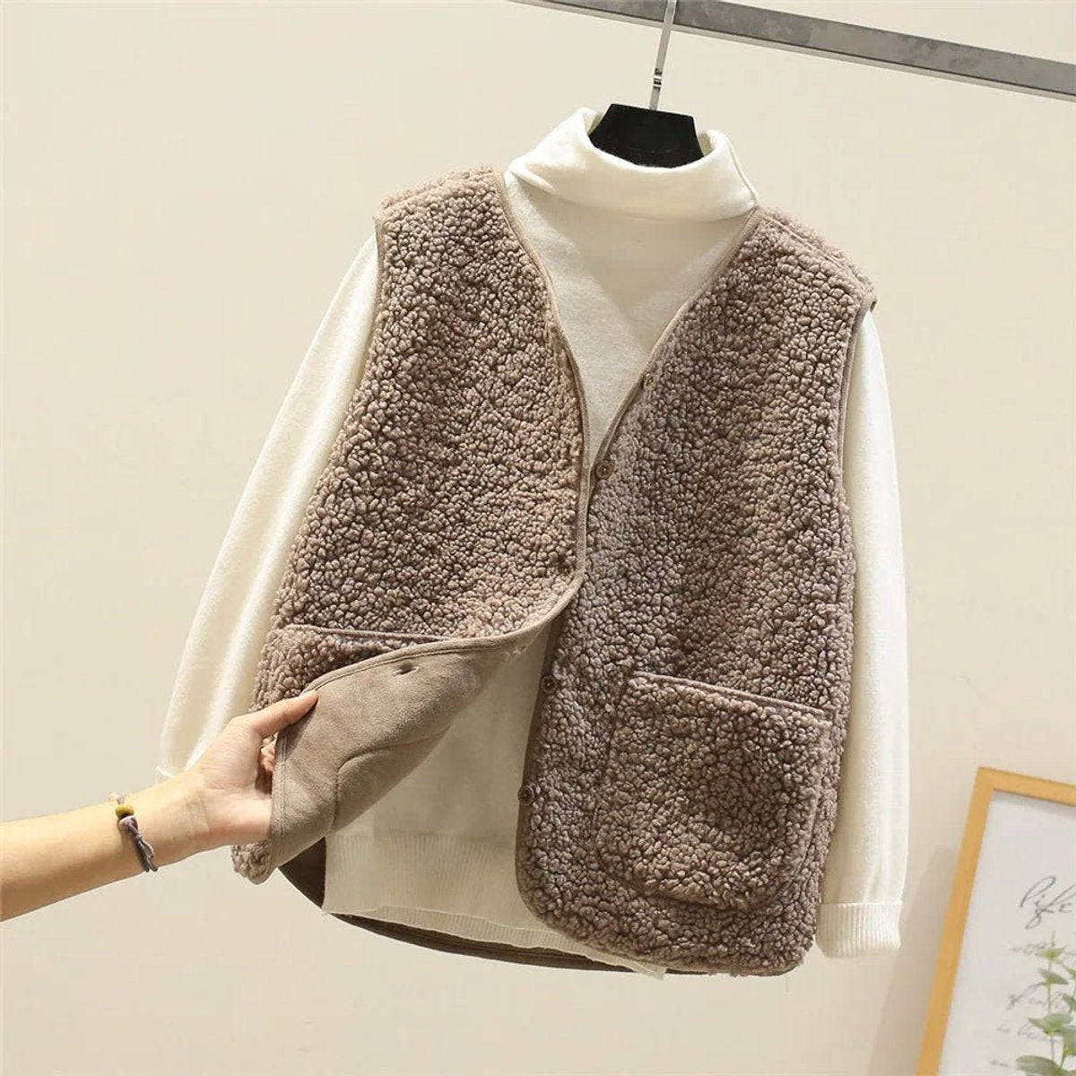 Women's Reversible Sherpa Fleece Button-Front Puffer Vest | Autumn - Khaki