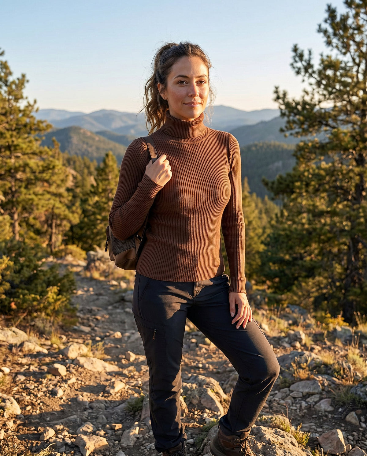 Women's Ribbed Turtleneck Lightweight Knit Sweater | Autumn - Dark Brown