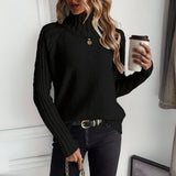 Women's Ribbed Turtleneck Sweater Relaxed Raglan Pullover | Autumn - Black
