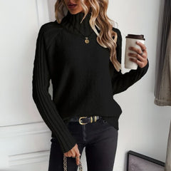 Women's Ribbed Turtleneck Sweater Relaxed Raglan Pullover | Autumn - Black