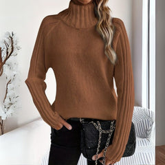 Women's Ribbed Turtleneck Sweater Relaxed Raglan Pullover | Autumn - Brown