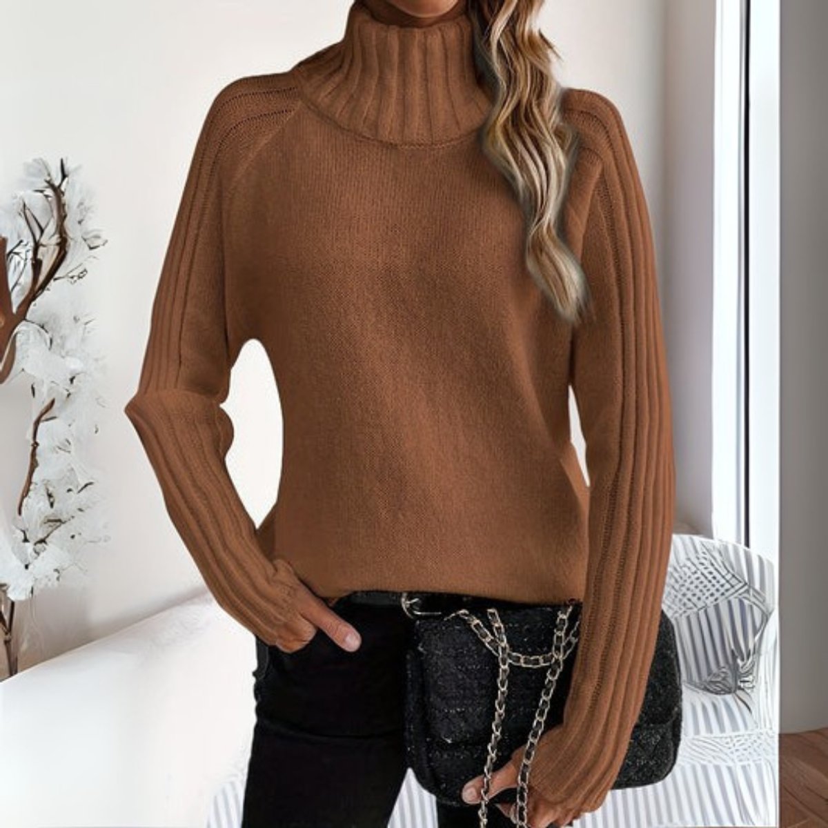 Women's Ribbed Turtleneck Sweater Relaxed Raglan Pullover | Autumn - Brown