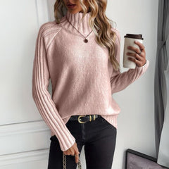 Women's Ribbed Turtleneck Sweater Relaxed Raglan Pullover | Autumn - Pink