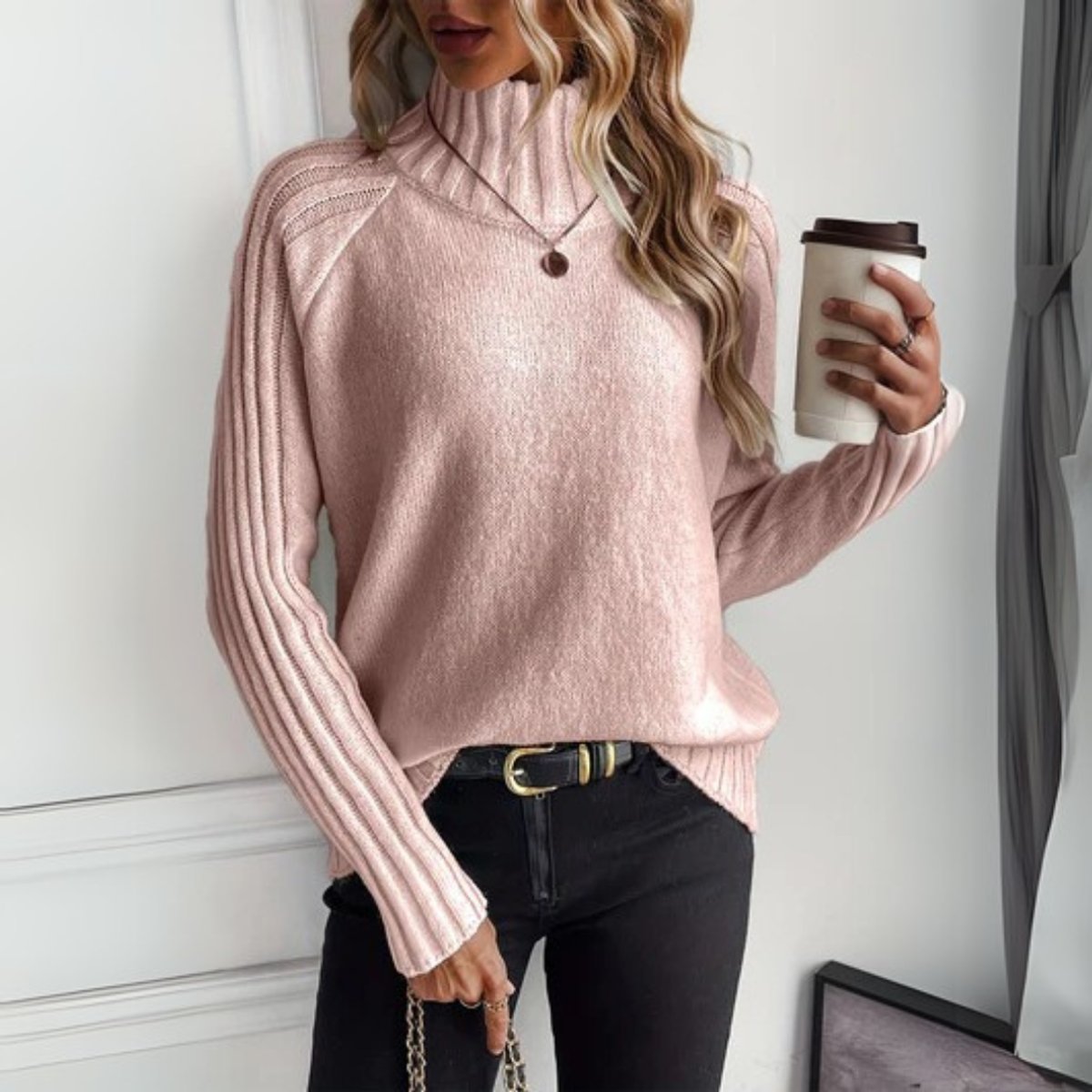 Women's Ribbed Turtleneck Sweater Relaxed Raglan Pullover | Autumn - Pink