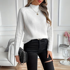 Women's Ribbed Turtleneck Sweater Relaxed Raglan Pullover | Autumn - White