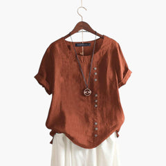 Women's Round-Neck Blouse | Diagonal Button Detail | Summer - Brown