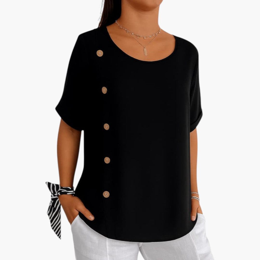 Women's Round-Neck Blouse | Lateral Button Detail | Summer - Black