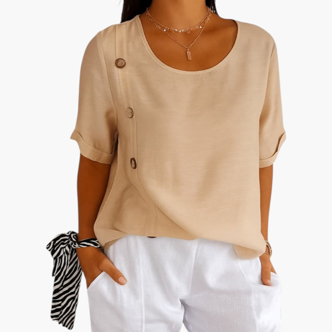 Women's Round-Neck Blouse | Lateral Button Detail | Summer - Khaki