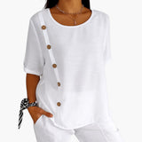 Women's Round-Neck Blouse | Lateral Button Detail | Summer - White