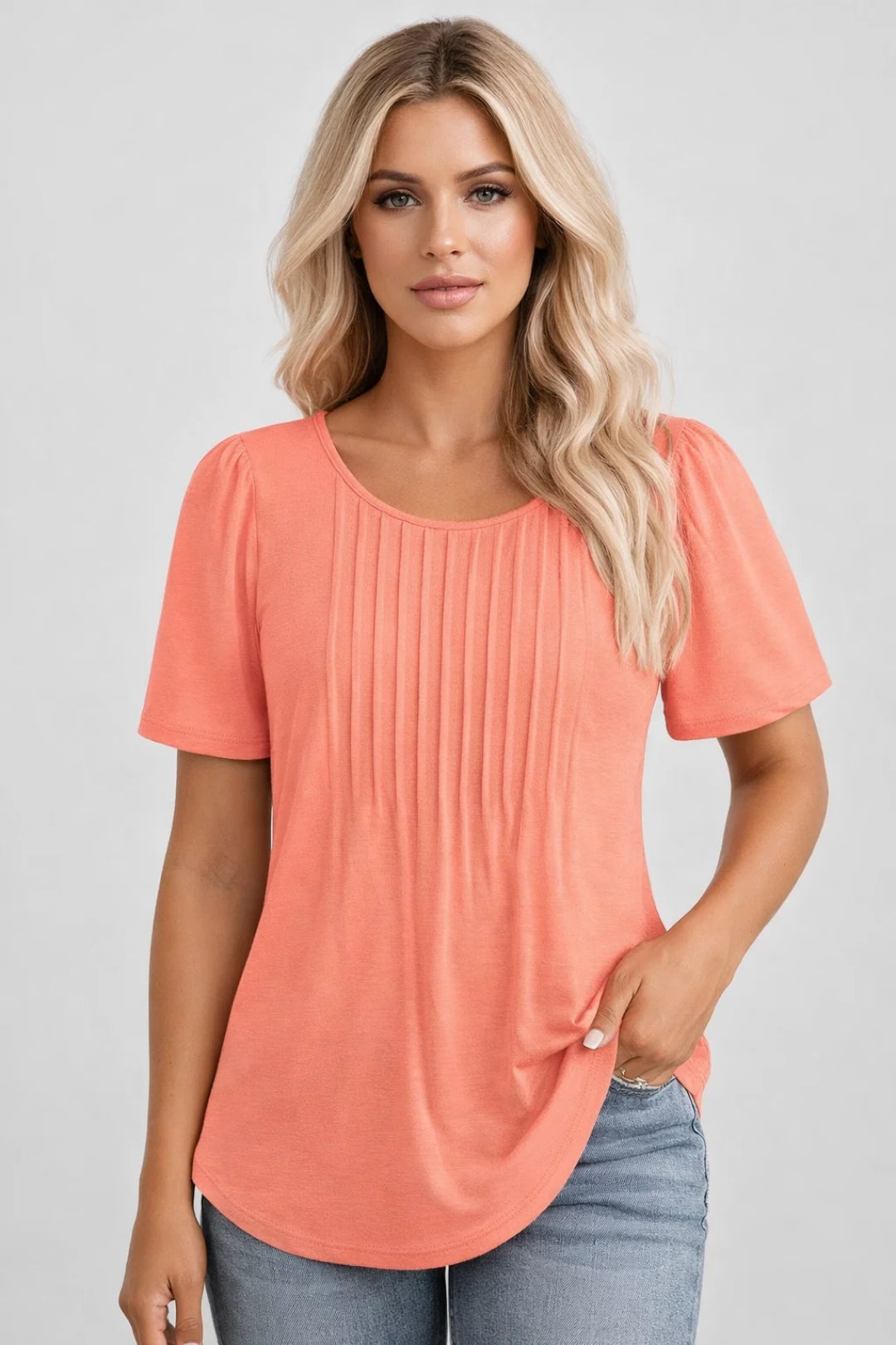 Women's Round Neck T-Shirt | Slim Fit | Spring - Coral