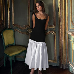 Women's Ruched Maxi Dress | Elegant | Spring - Black & White