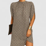 Women's Ruched Neckline Dress - Elegant Cutout Design | Spring - Beige Pattern