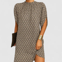 Women's Ruched Neckline Dress - Elegant Cutout Design | Spring - Beige Pattern