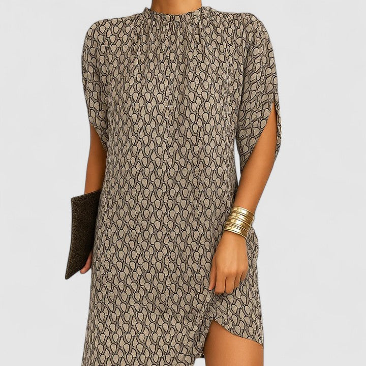Women's Ruched Neckline Dress - Elegant Cutout Design | Spring - Beige Pattern