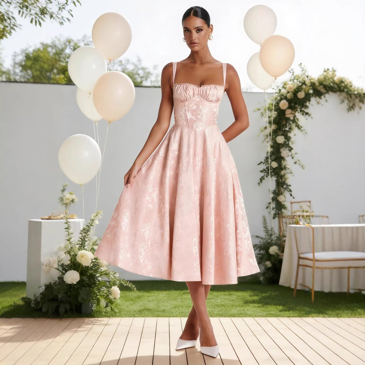 Women's Ruched Sweetheart Midi Cocktail Dress - Flared A-Line | Spring - Blush Pink