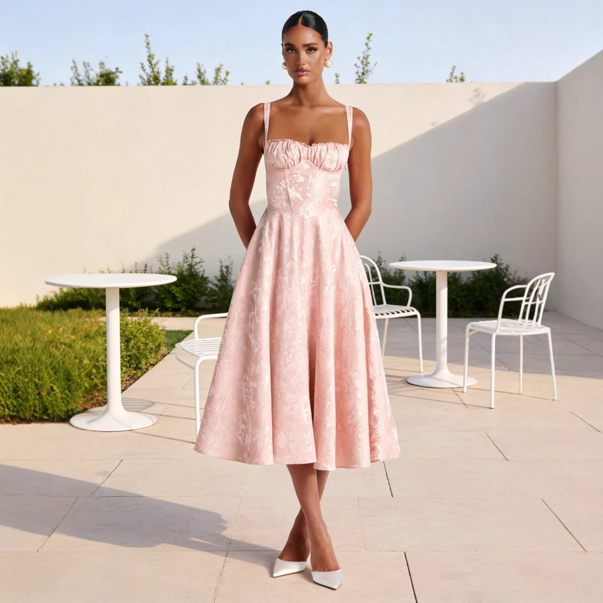 Women's Ruched Sweetheart Midi Cocktail Dress - Flared A-Line | Spring