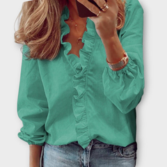 Women's Ruched V-Neck Long Sleeve Blouse - Karla | Spring - Mint