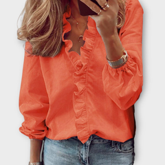 Women's Ruched V-Neck Long Sleeve Blouse - Karla | Spring - Orange