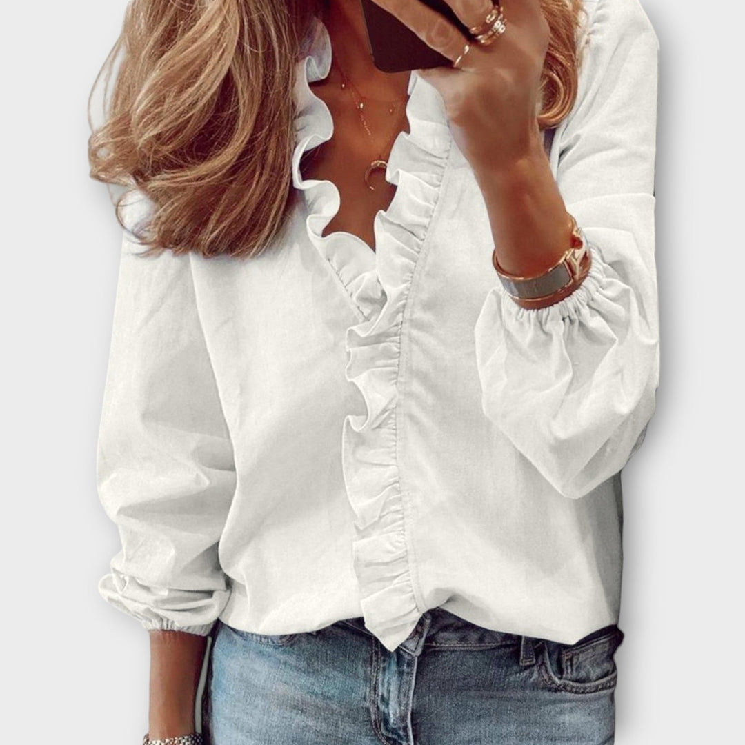 Women's Ruched V-Neck Long Sleeve Blouse - Karla | Spring - White