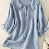 Women's Ruffle Collar Shirt - Relaxed Summer Blouse - Blue