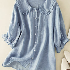 Women's Ruffle Collar Shirt - Relaxed Summer Blouse - Blue