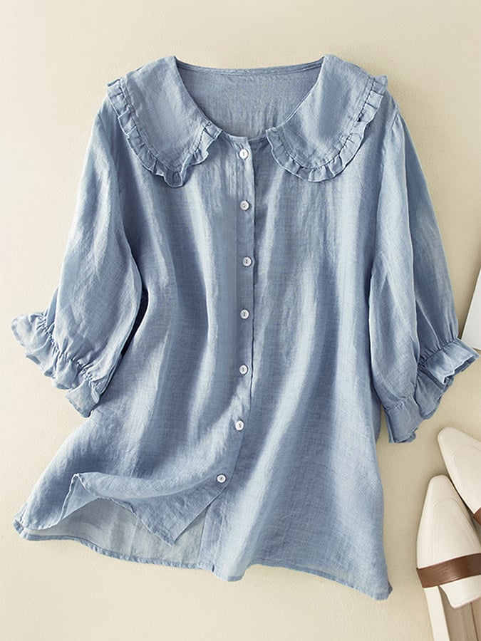 Women's Ruffle Collar Shirt - Relaxed Summer Blouse - Blue