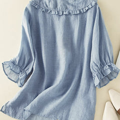 Women's Ruffle Collar Shirt - Relaxed Summer Blouse