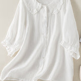 Women's Ruffle Collar Shirt - Relaxed Summer Blouse - White