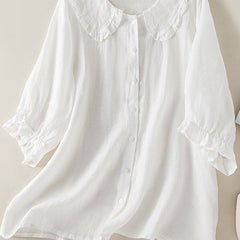 Women's Ruffle Collar Shirt - Relaxed Summer Blouse - White