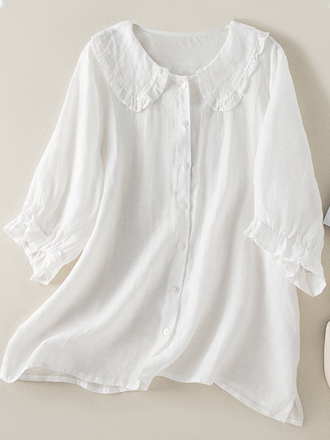 Women's Ruffle Collar Shirt - Relaxed Summer Blouse - White