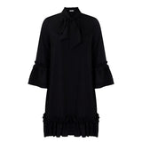 Women's Ruffle-Hem Bow-Neck Tunic Mini Dress | Spring - Black