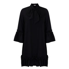 Women's Ruffle-Hem Bow-Neck Tunic Mini Dress | Spring - Black