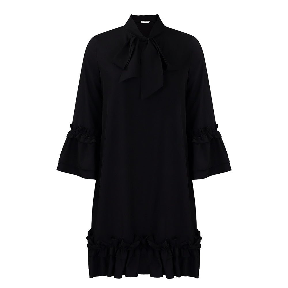 Women's Ruffle-Hem Bow-Neck Tunic Mini Dress | Spring - Black