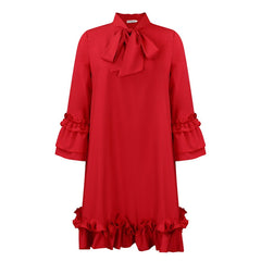 Women's Ruffle-Hem Bow-Neck Tunic Mini Dress | Spring - Red
